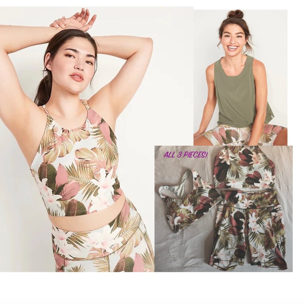 Old Navy Floral Palm High-Neck Sports Bra & Shorts Set in Olive, Pink, White